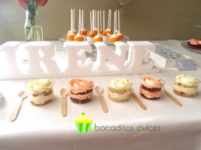 Mesa dulce compuesta de galletas de mantequilla redondas, decoradas con papel comestible de azucar, minicupcakes de distintos sabores, ninivasitos rellenos de bizcocho y buttercream, cakes pops cubiertos de candy mels amarillo y blanco y para terminar bolitas de gusanito bañadas en chocolate.